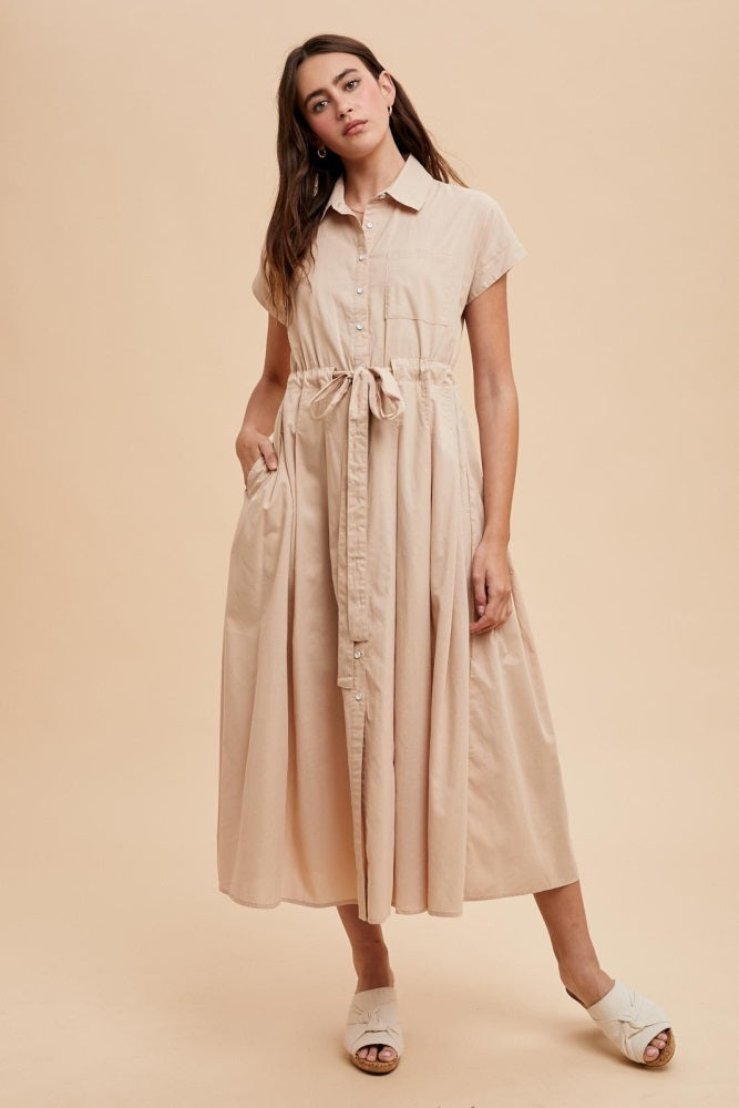 Beige Button Down Shirt Maxi Dress