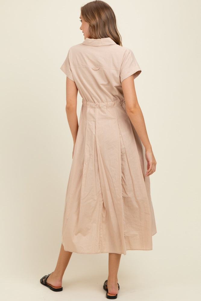 Beige Button Down Shirt Maternity Maxi Dress