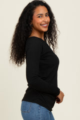 Black Solid Ribbed Ruched Long Sleeve Top