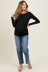 Black Solid Ribbed Ruched Long Sleeve Maternity Top