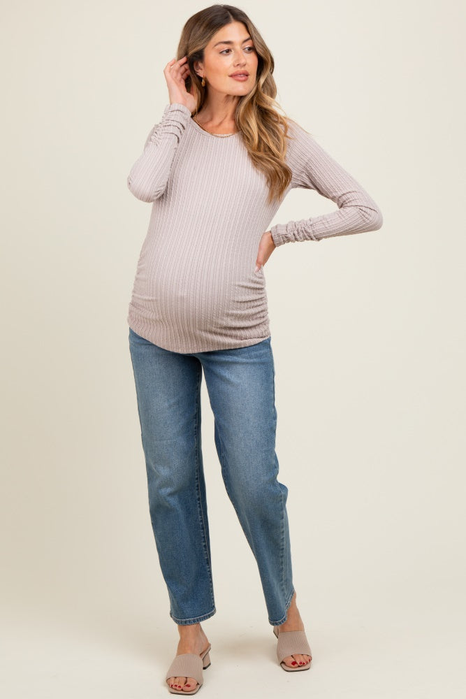 Mocha Solid Ribbed Ruched Long Sleeve Maternity Top