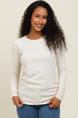 Ivory Solid Ribbed Ruched Long Sleeve Top