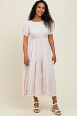 Light Pink Solid Textured Tiered Shirt Sleeve Maternity Maxi Dress