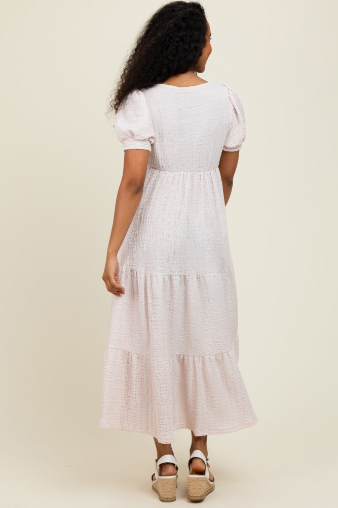 Light Pink Solid Textured Tiered Shirt Sleeve Maxi Dress