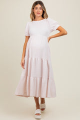 Light Pink Solid Textured Tiered Shirt Sleeve Maternity Maxi Dress