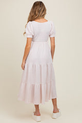 Light Pink Solid Textured Tiered Shirt Sleeve Maternity Maxi Dress