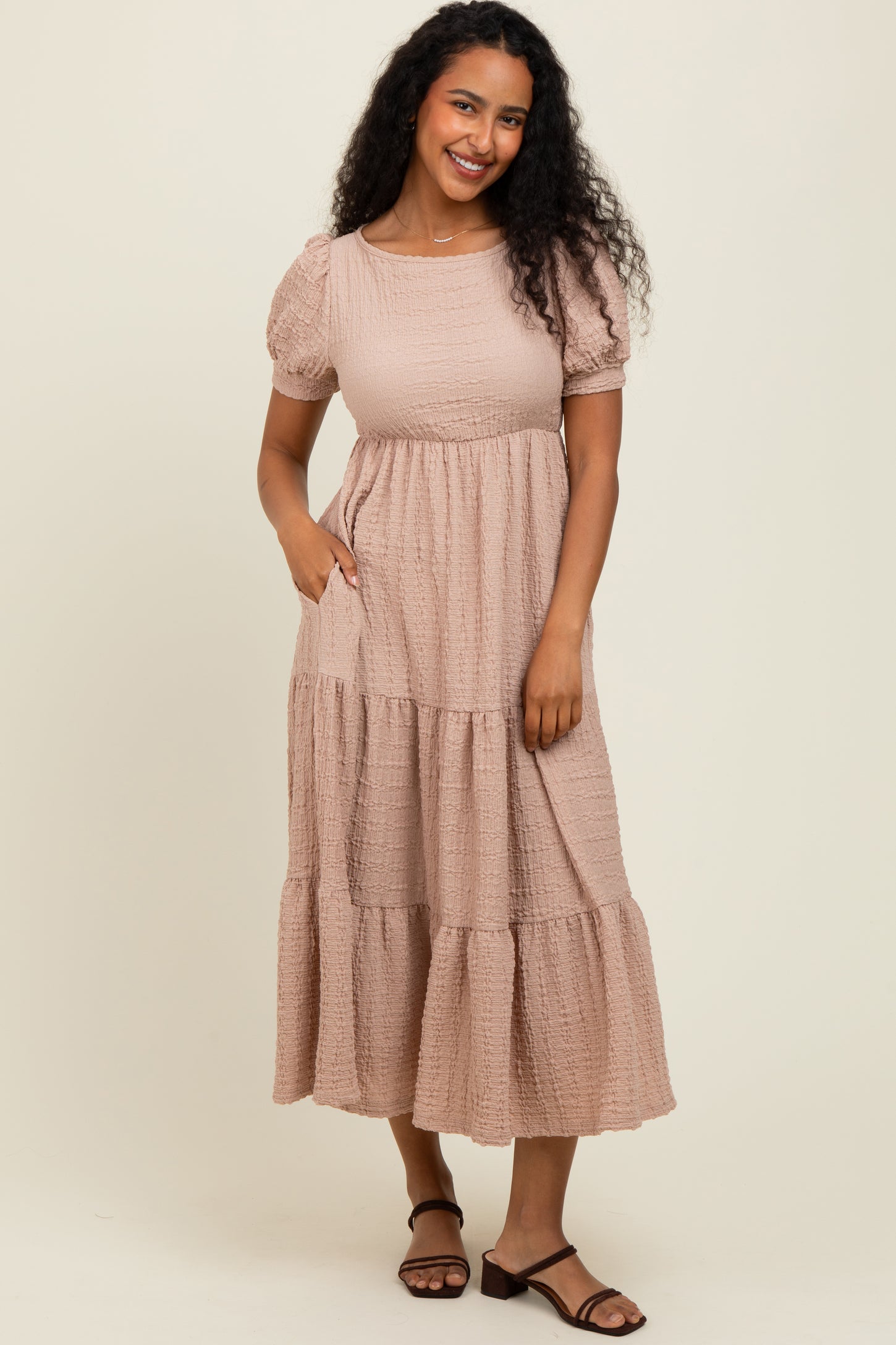 Mocha Solid Textured Tiered Shirt Sleeve Maternity Maxi Dress