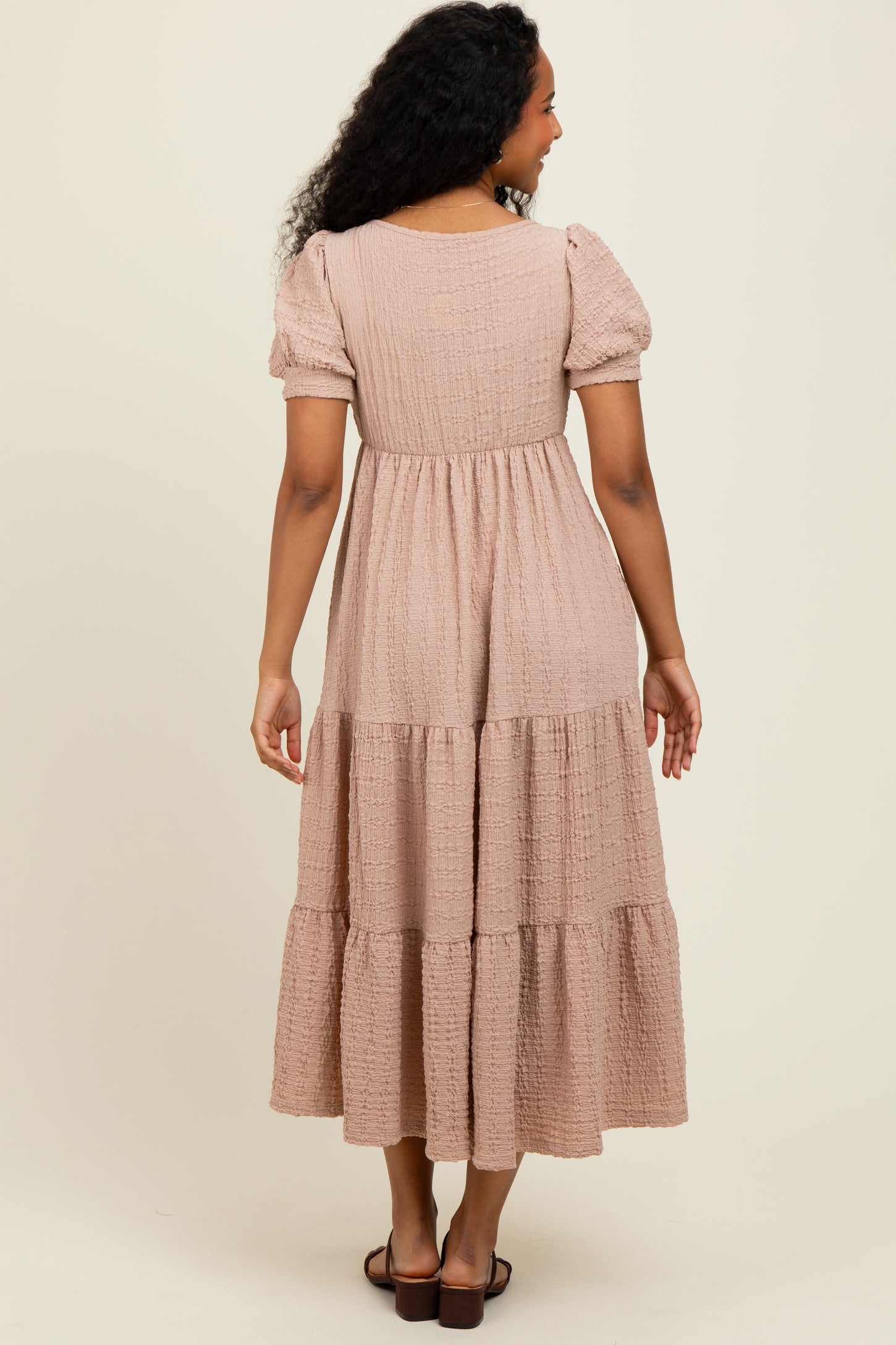 Mocha Solid Textured Tiered Shirt Sleeve Maxi Dress