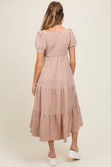 Mocha Solid Textured Tiered Shirt Sleeve Maternity Maxi Dress