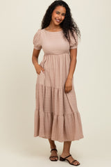 Mocha Solid Textured Tiered Shirt Sleeve Maxi Dress