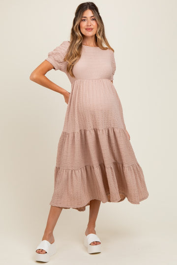 Mocha Solid Textured Tiered Shirt Sleeve Maternity Maxi Dress