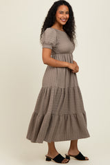 Taupe Solid Textured Tiered Shirt Sleeve Maxi Dress