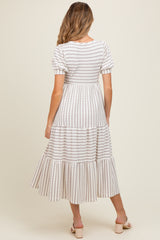 Cream/Taupe Striped Short Sleeve Tiered Maternity Maxi Dress
