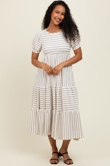 Cream/Taupe Striped Short Sleeve Tiered Maxi Dress