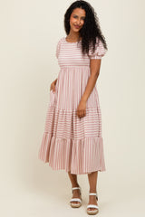 Mauve/Beige Striped Short Sleeve Tiered Maternity Maxi Dress