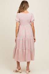 Mauve/Beige Striped Short Sleeve Tiered Maternity Maxi Dress