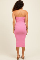 Pink Fitted Tube Knit Maternity Midi Dress