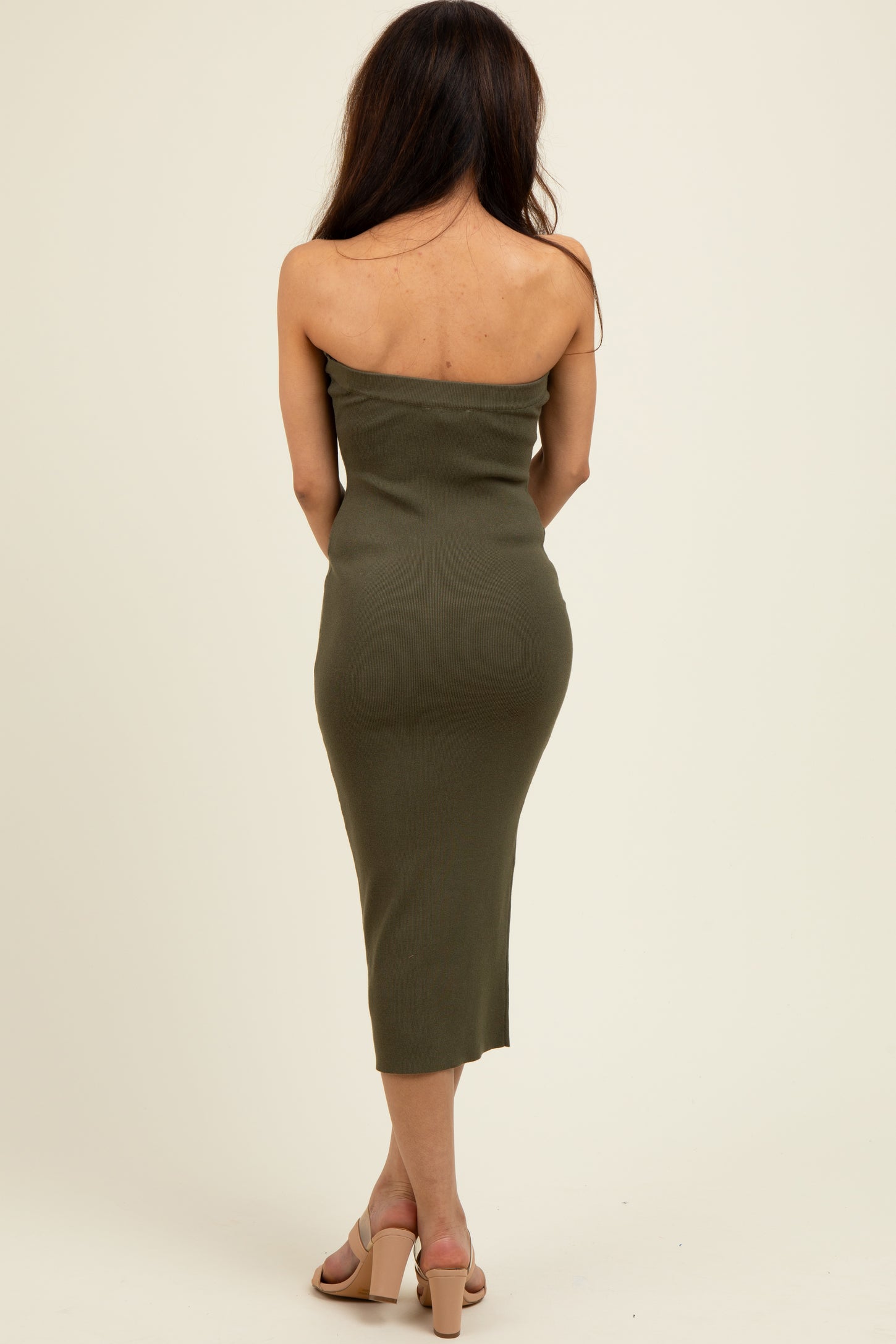 Olive Fitted Tube Knit Midi Dress
