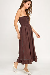Brown Smocked Tube Midi Dress