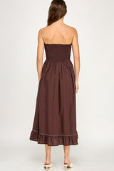 Brown Smocked Tube Midi Dress