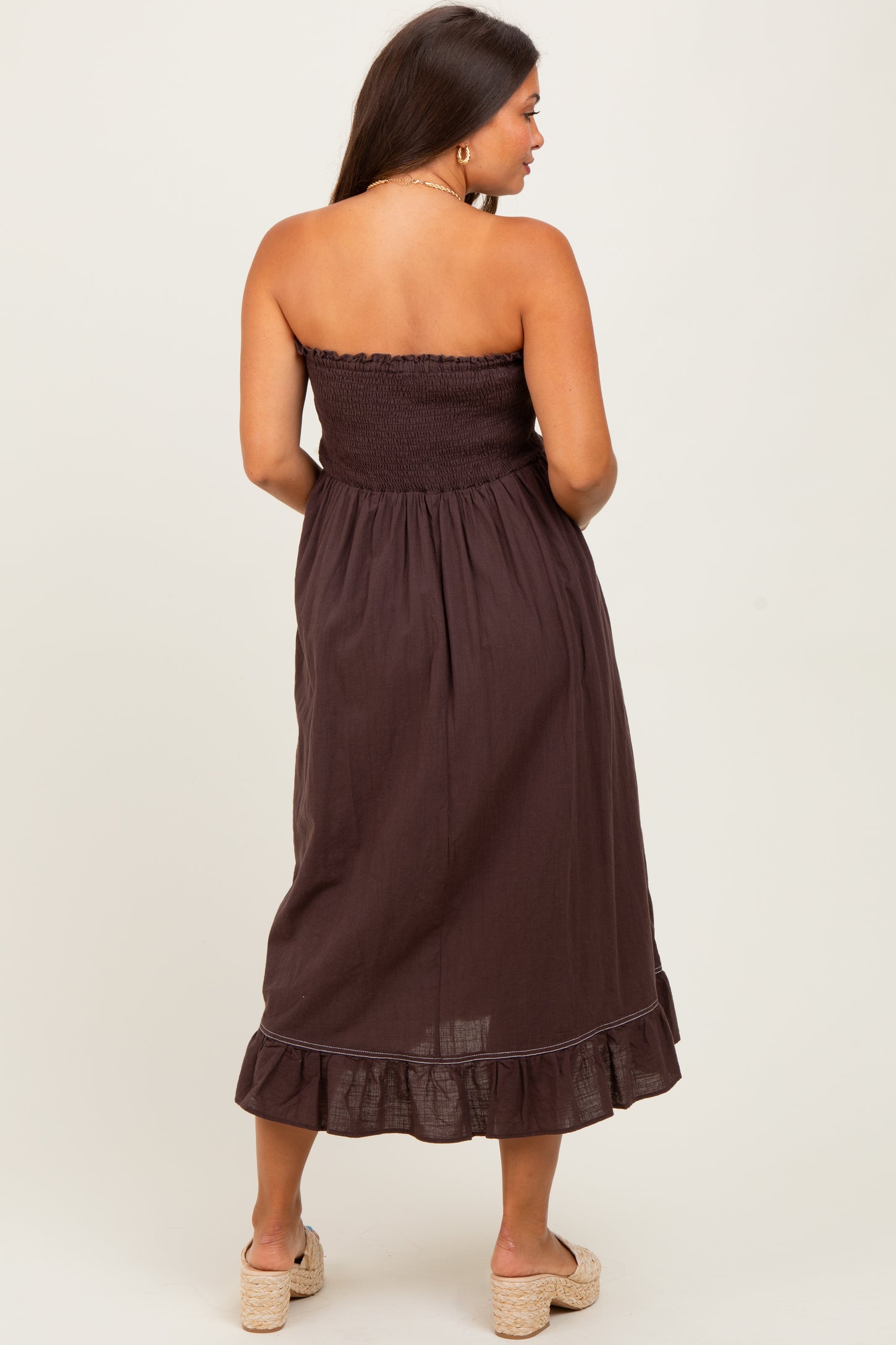 Brown Smocked Tube Maternity Midi Dress