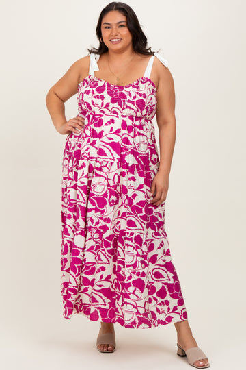 Fuchsia Floral Print Smocked Plus Maxi Dress