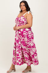 Fuchsia Floral Print Smocked Plus Maxi Dress
