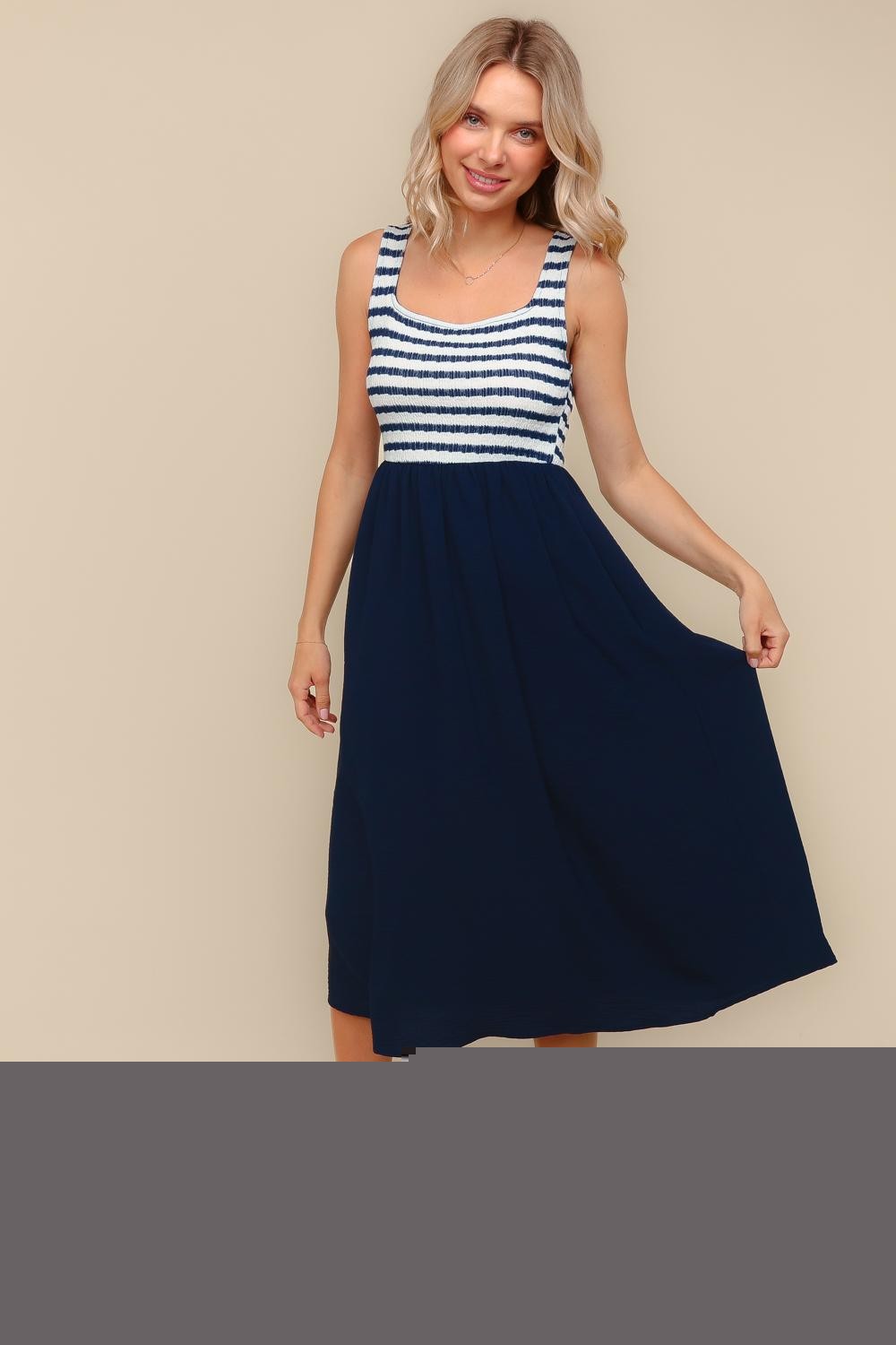 Navy Striped Fit And Flare Sleeveless Plus Midi Dress