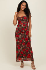 Brown Leopard Floral Mesh Ruched Sleeveless Maxi Dress