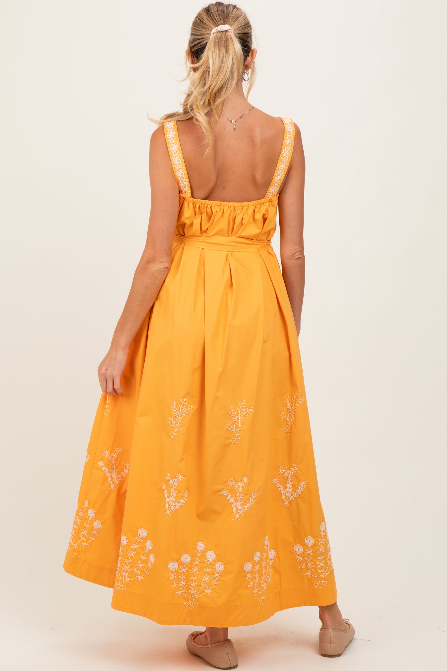 Orange Embroidered Sleeveless Sash Tie Maternity Maxi Dress