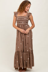Mocha Floral Embroidered Smocked Maxi Dress