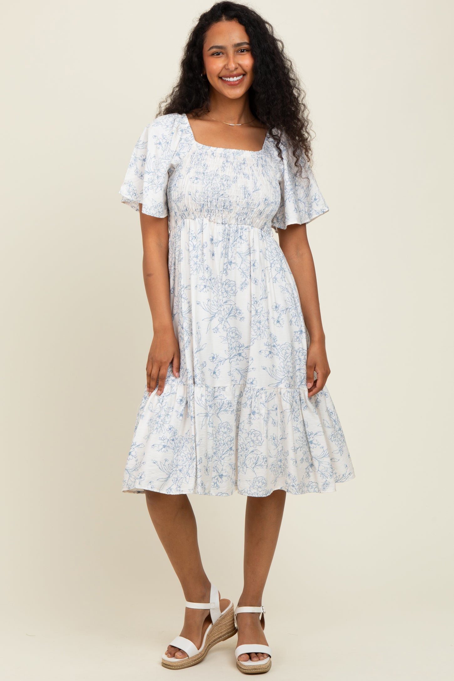 Cream Floral Smocked Flutter Sleeve Maternity Midi Dress