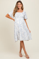 Cream Floral Smocked Flutter Sleeve Maternity Midi Dress