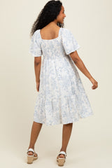 Cream Floral Smocked Flutter Sleeve Midi Dress