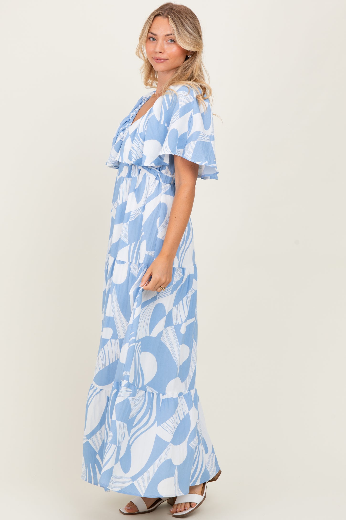 Blue Sleeveless Smocked Back Printed Maxi Dress