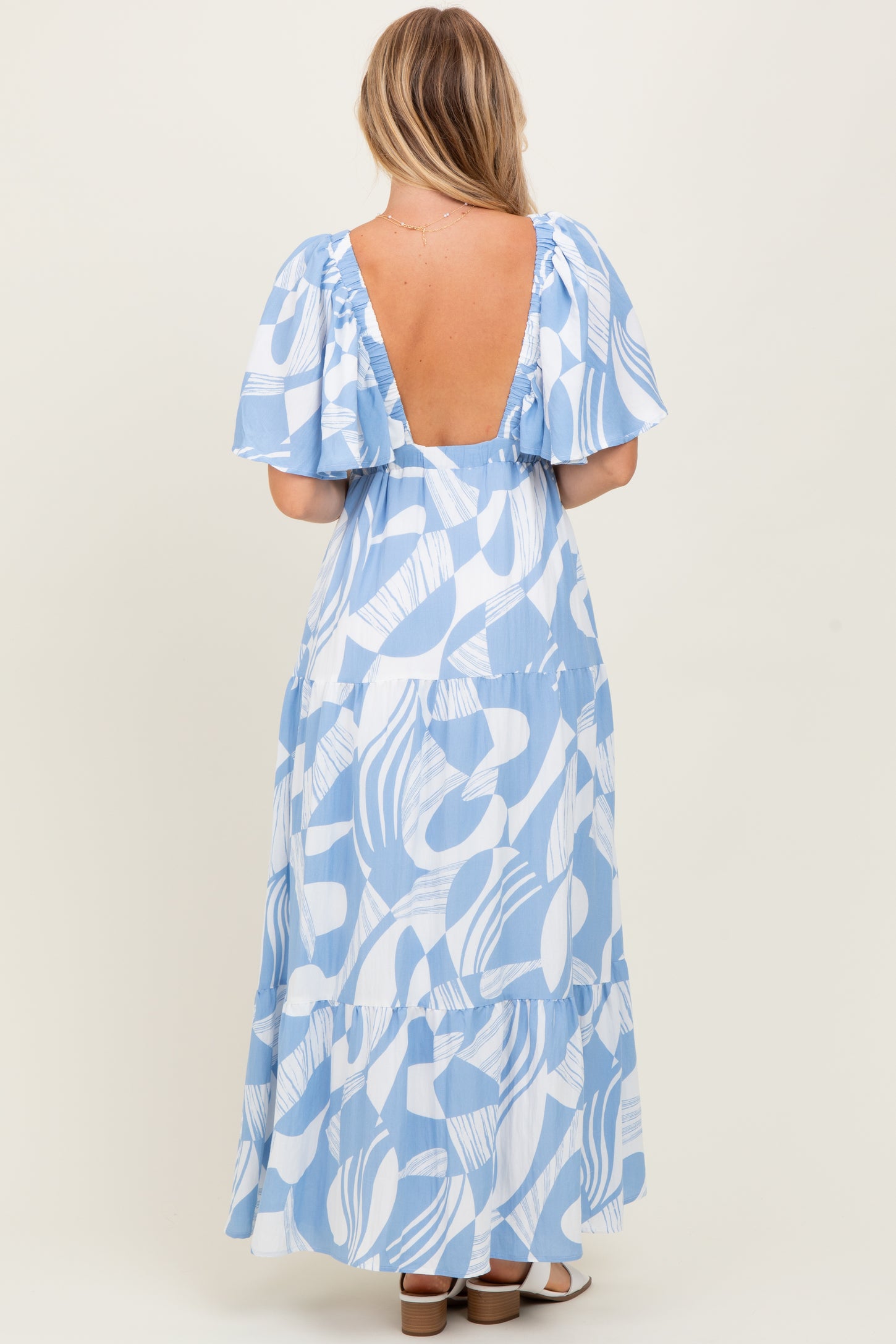 Blue Sleeveless Smocked Back Printed Maxi Dress