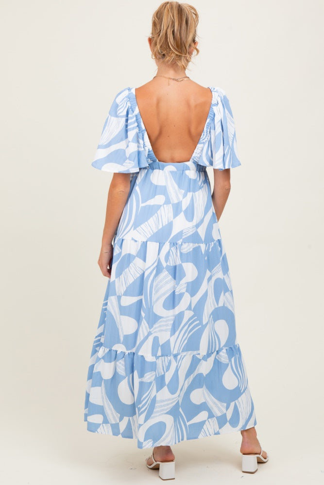 Blue Sleeveless Smocked Back Printed Maternity Maxi Dress