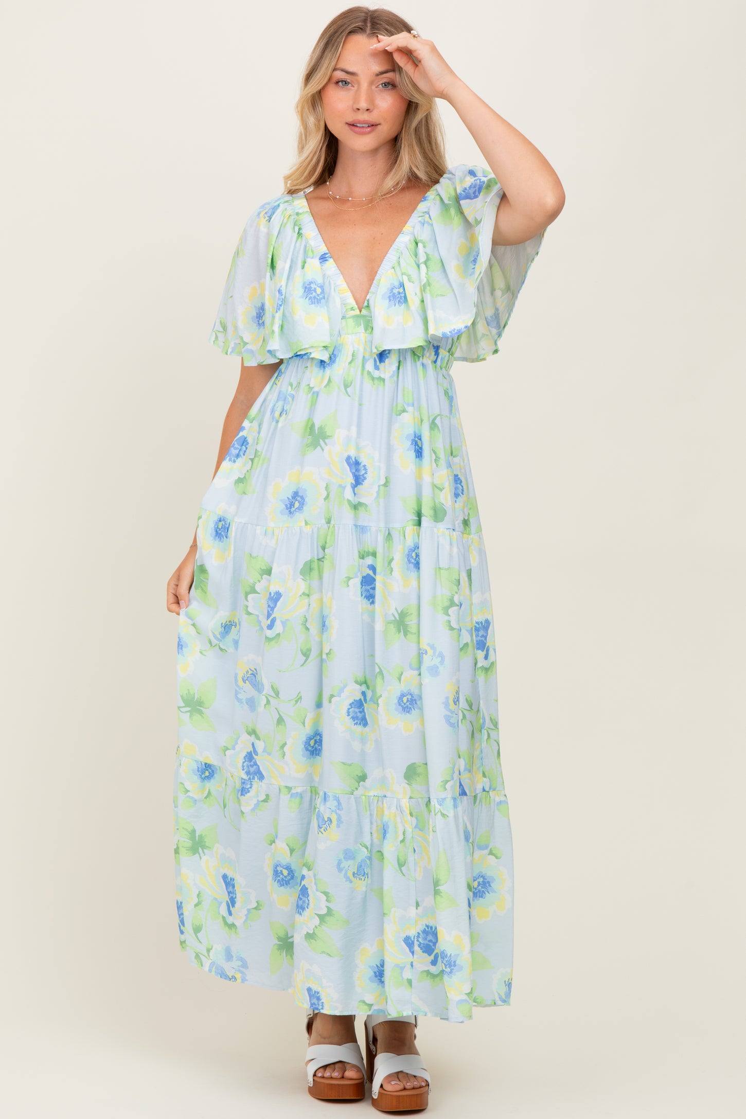 Sky Blue Floral Print Maxi Dress