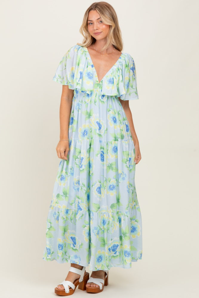 Sky Blue Floral Print Maternity Maxi Dress