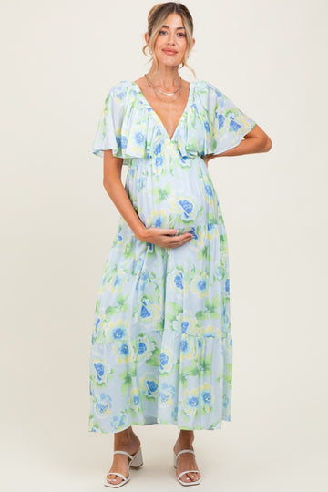 Sky Blue Floral Print Maternity Maxi Dress