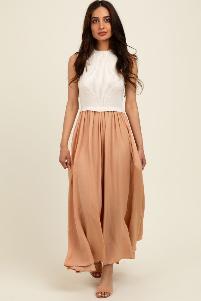 Beige Sleeveless Half Sweater And Satin Skirt Midi Dress