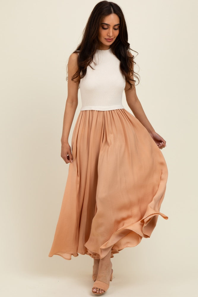 Beige Sleeveless Half Sweater And Satin Skirt Midi Maternity Dress