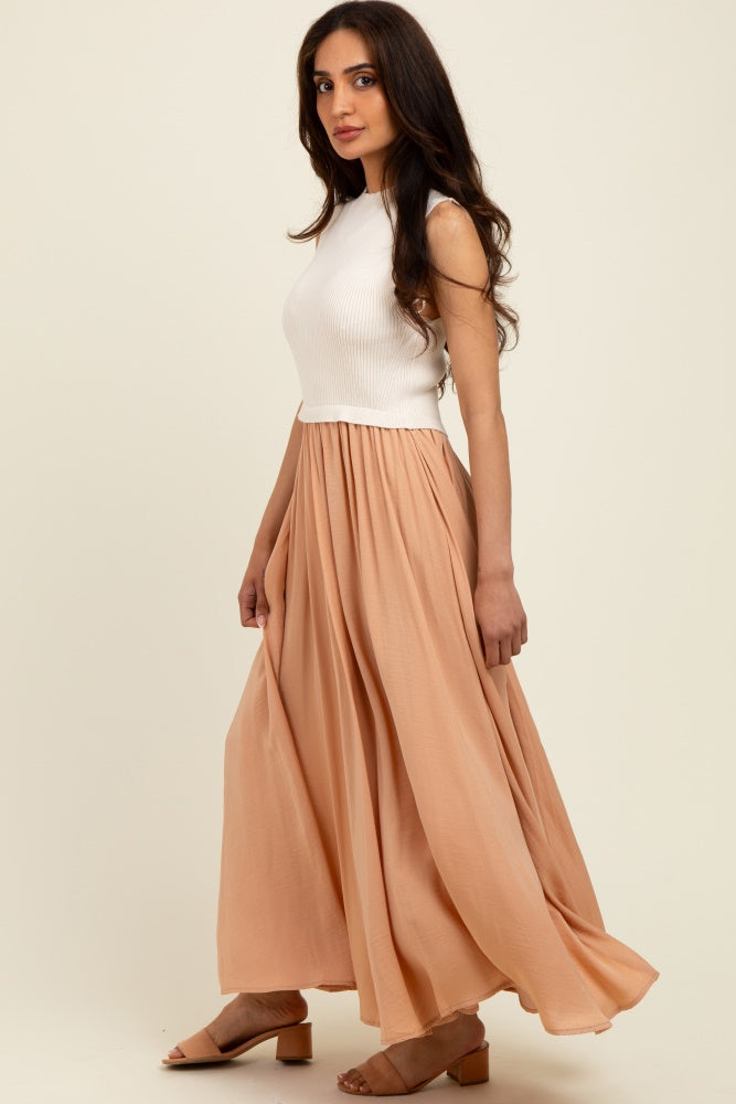 Beige Sleeveless Half Sweater And Satin Skirt Midi Dress