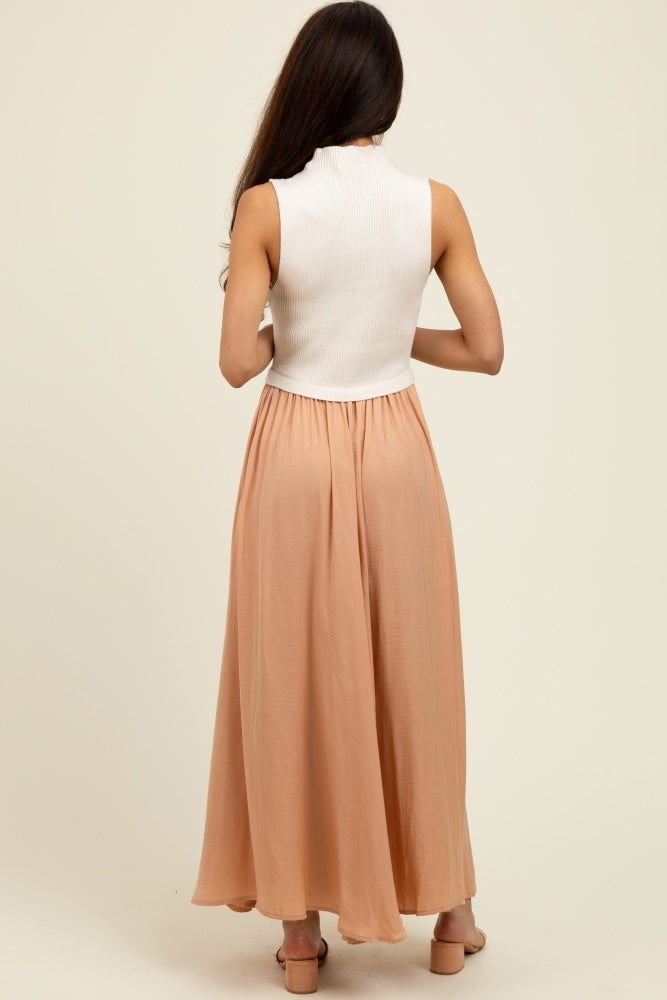 Beige Sleeveless Half Sweater And Satin Skirt Midi Dress