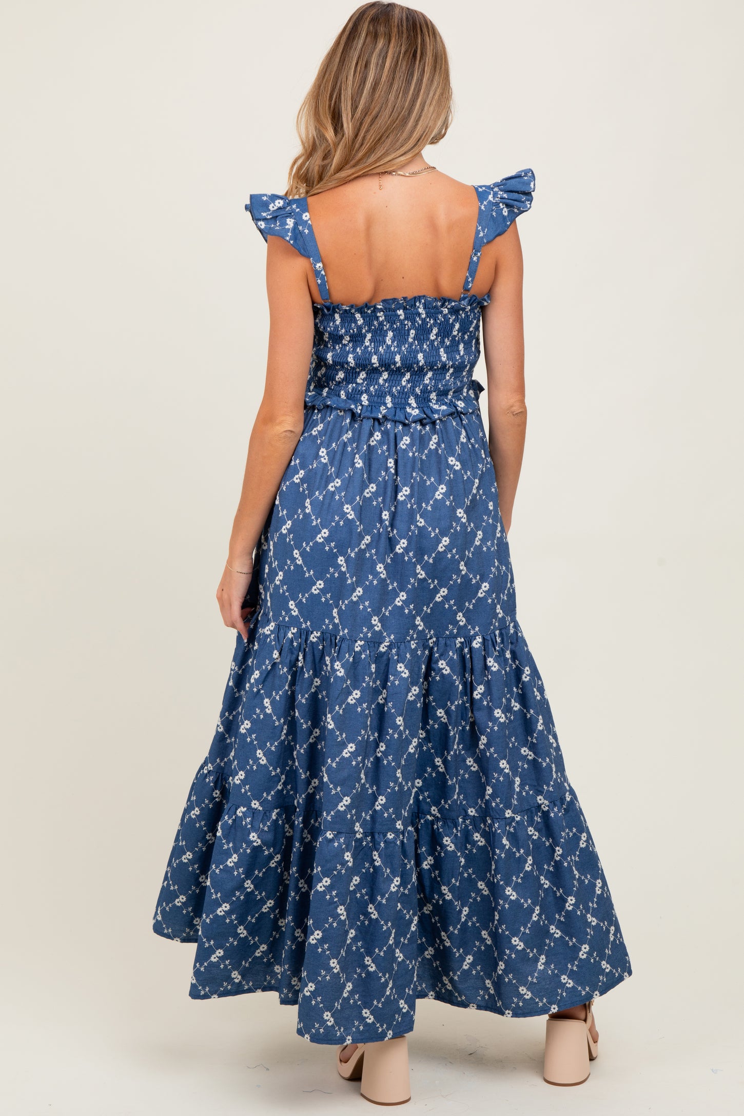 Denim Off White Floral Embroidered Tiered Maternity Maxi Dress