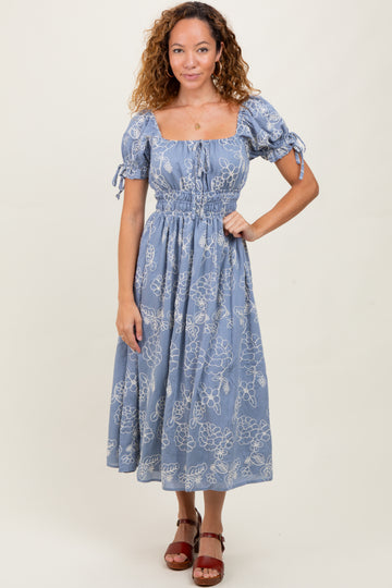 Denim Blue Floral Embroidered Midi Dress