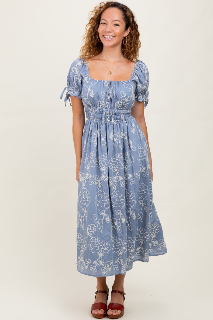 Denim Blue Floral Embroidered Maternity Midi Dress