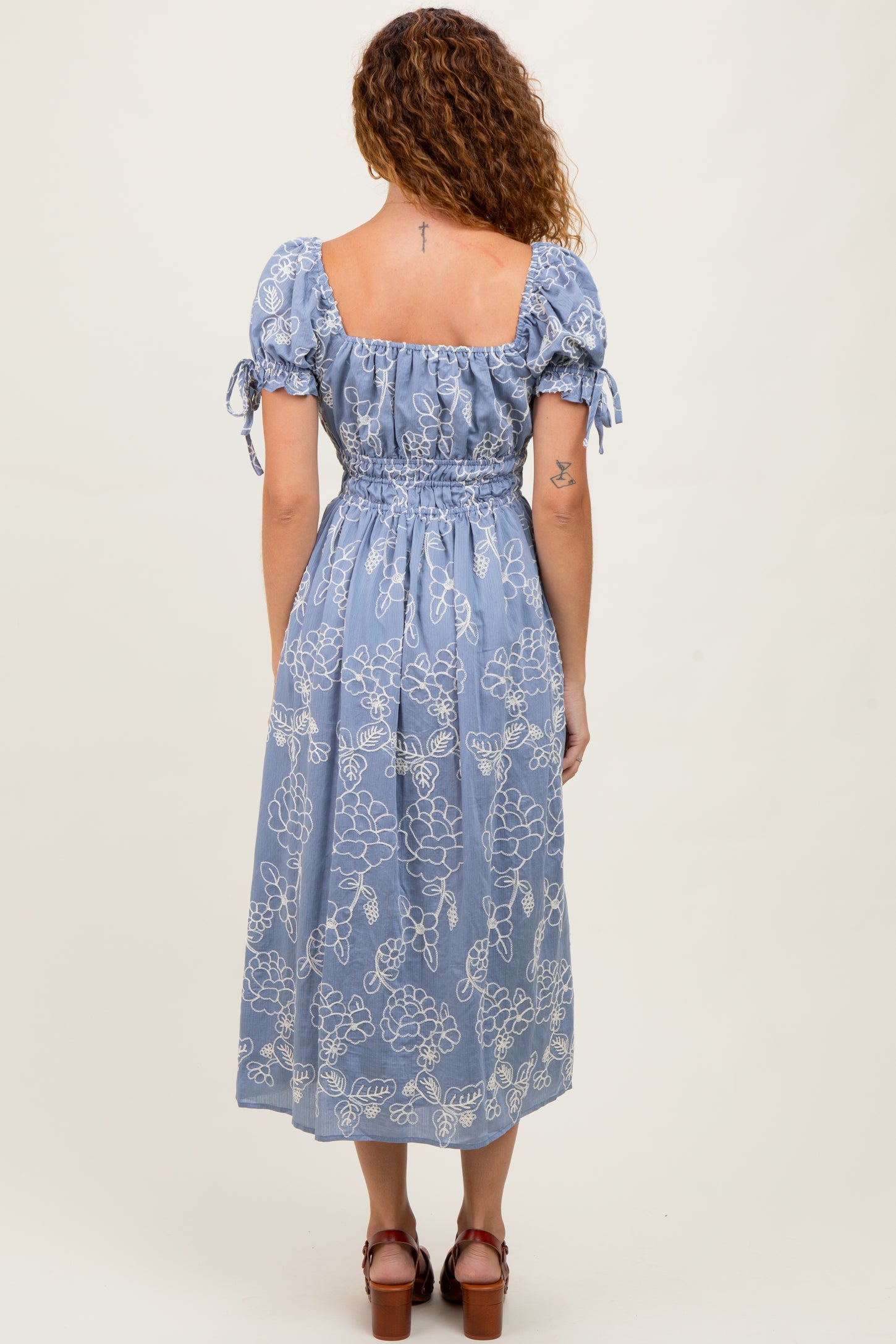Denim Blue Floral Embroidered Midi Dress
