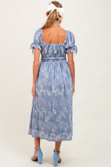 Denim Blue Floral Embroidered Maternity Midi Dress