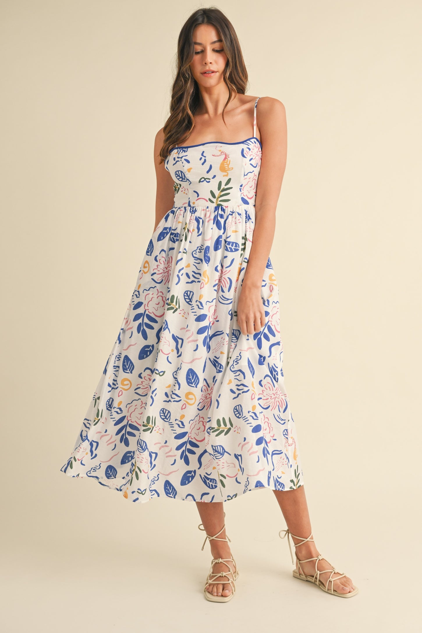 Ivory/Blue Leaf Printed Contrast Piping Detail Midi Dress